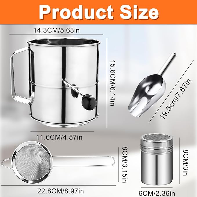 Flour Sifter,5 Cup Stainless Steel Flour Sifters,4 in 1 Baking Sifter Set with Powder Sugar Shaker Duster,Strainers Fine Mesh and Metal Scoop for Baking Cake,Pastries,Pies,Cupcakes,Desserts