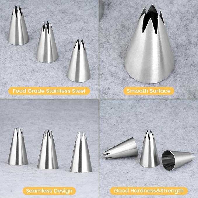 3Pcs 1M Piping Tips,Stainless Steel 1M Star Tips for Piping,Seamless Icing Tips With 10Pcs Disposable Piping Bags for Cake Decorating