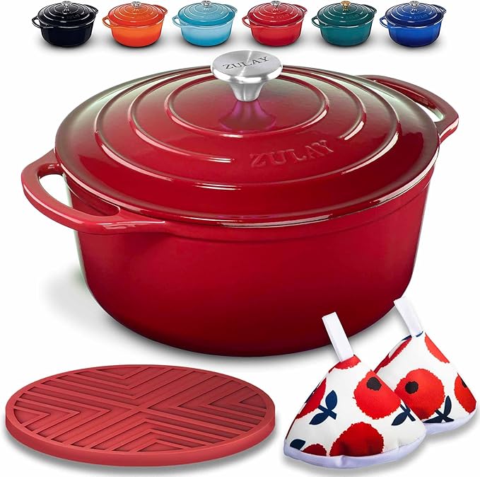 Zulay Kitchen 5 Quart Enameled Cast Iron Dutch Oven with Lid,Silicone Trivet & Heat Pad – Premium Durability & Oven Safe up to 500°F– Heavy Duty Cookware Perfect for Bread Baking, Stews, Braising & Roasting – Red