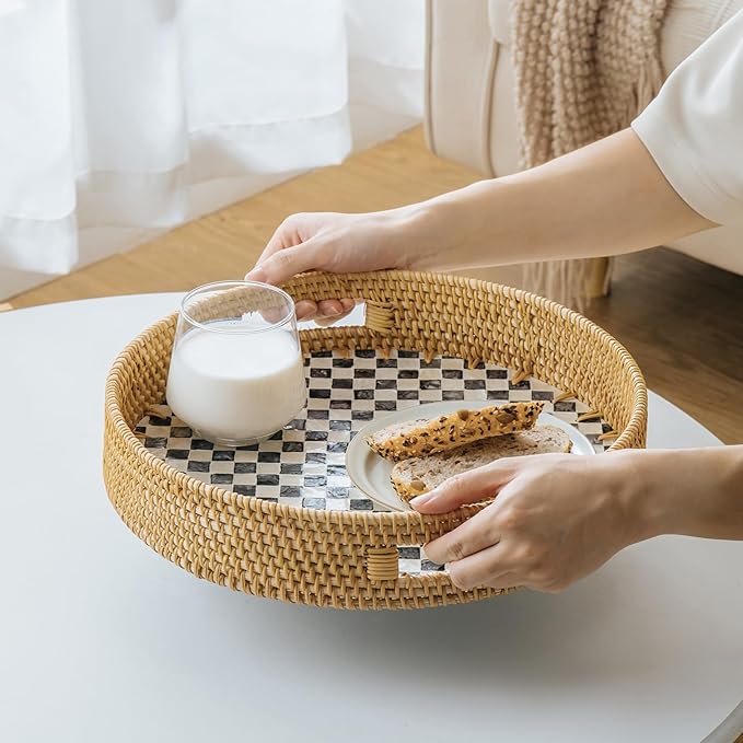 13.8 in Round Rattan Serving Tray with Handle, Mother of Pearl Tray Wooden Base, Decorative Wicker for Table, Kitchen Island & Home Decor (Black Checkerboard)