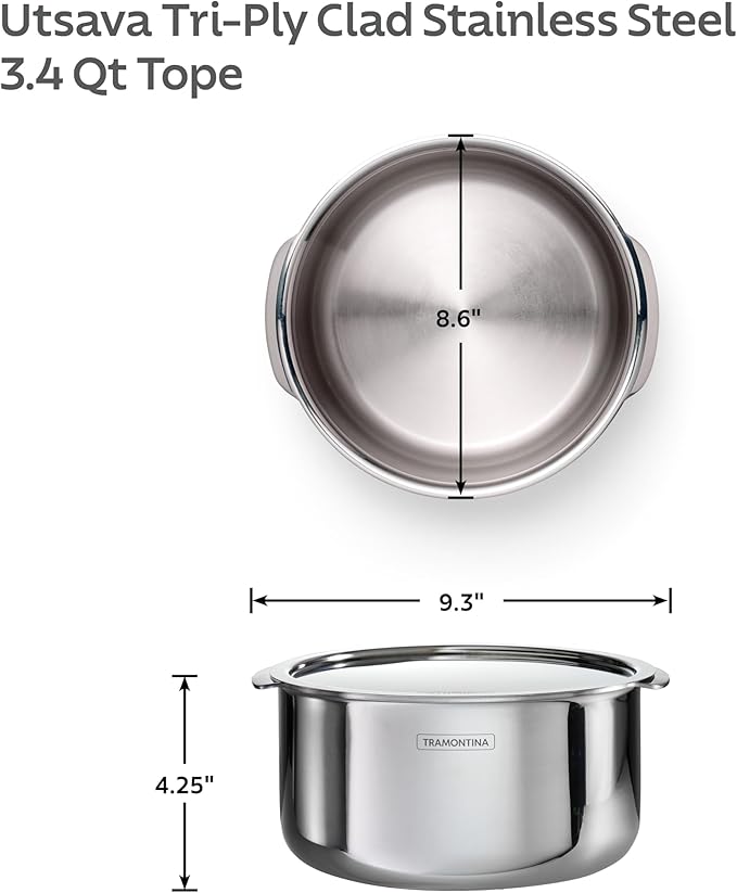 Tramontina Utsava 3.4-Quart Tri-Ply Clad Stainless Steel Tope with Lid, Patila Pot for Indian Cooking