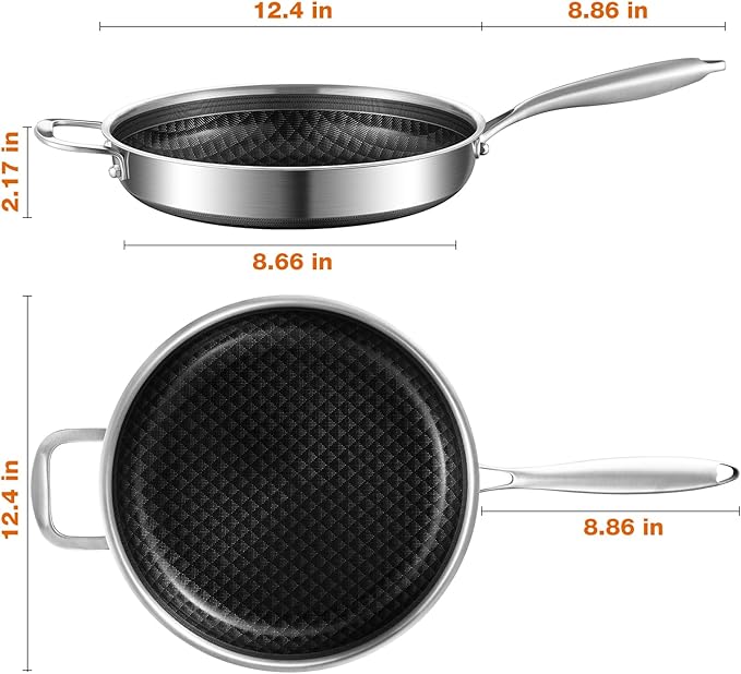 12-Inch Non Stick Frying Pans, NonStick Stainless Steel Pan Set, Tri-Ply Skillets and Pan Set with Lid, Induction Cooker Compatible, Cool-Touch Handle, Dishwasher and Oven Safe
