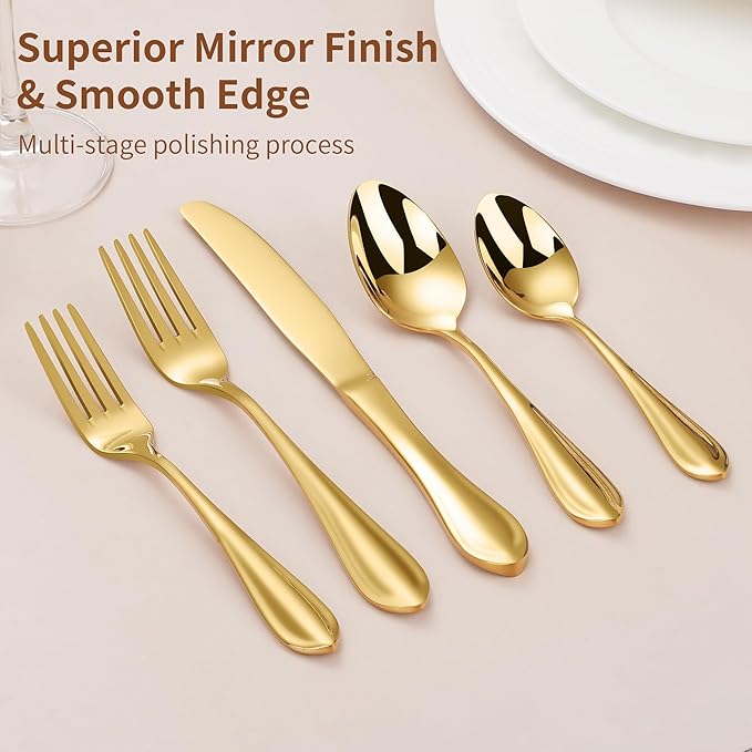 Gold Silverware Set for 8, 40-Pieces Heavy Duty Silverware, 18/10 Stainless Steel Flatware, Dishwasher Safe, Ideal for Gift