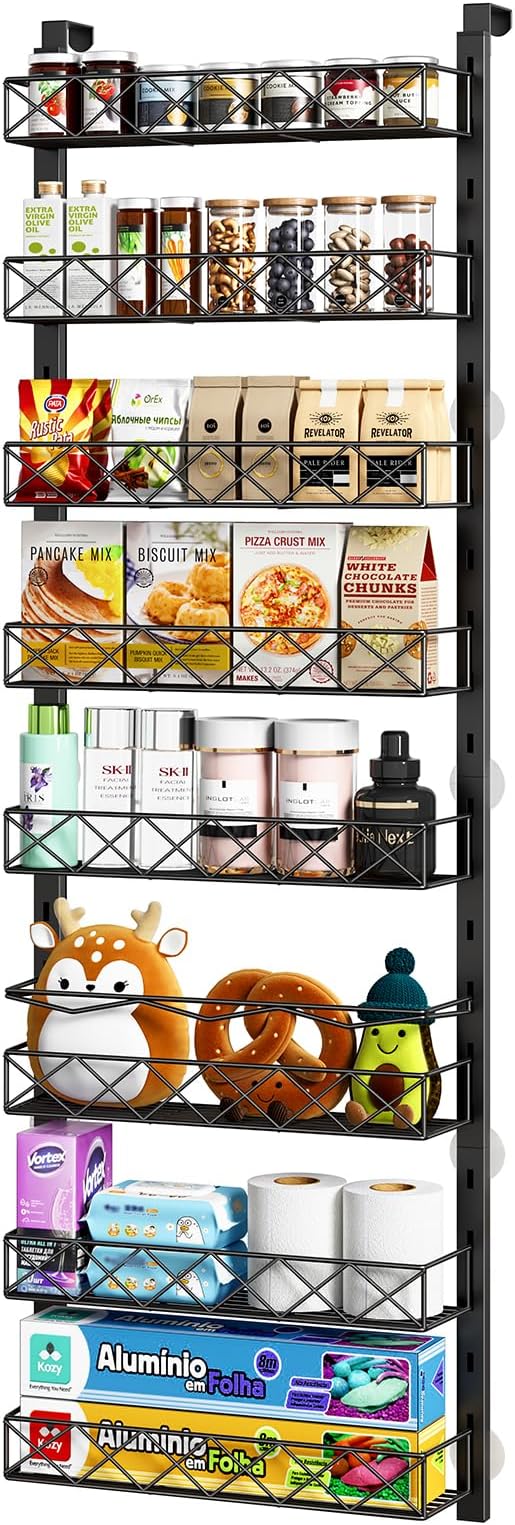 MIAOLI Over the Door Organizer, Black 8-Tier Pantry Door Organizer with Adjustable Basket, Hanging Spice Rack Cabinet Door Shelves, Laundry Room Organization and Storage