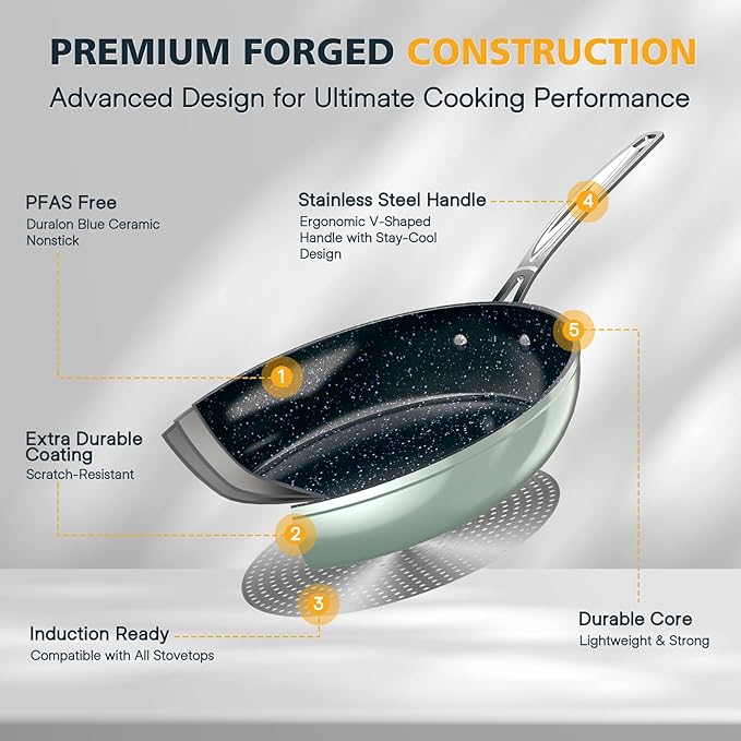 Nuwave 3-Piece Fry Pan Set, 8”, 10”, 12” Forged Lightweight, G10 Healthy Duralon Blue Ceramic Ultra Non-Stick, Induction-Ready & Works on All Cooktops, Ergonomic Stay-Cool Handles