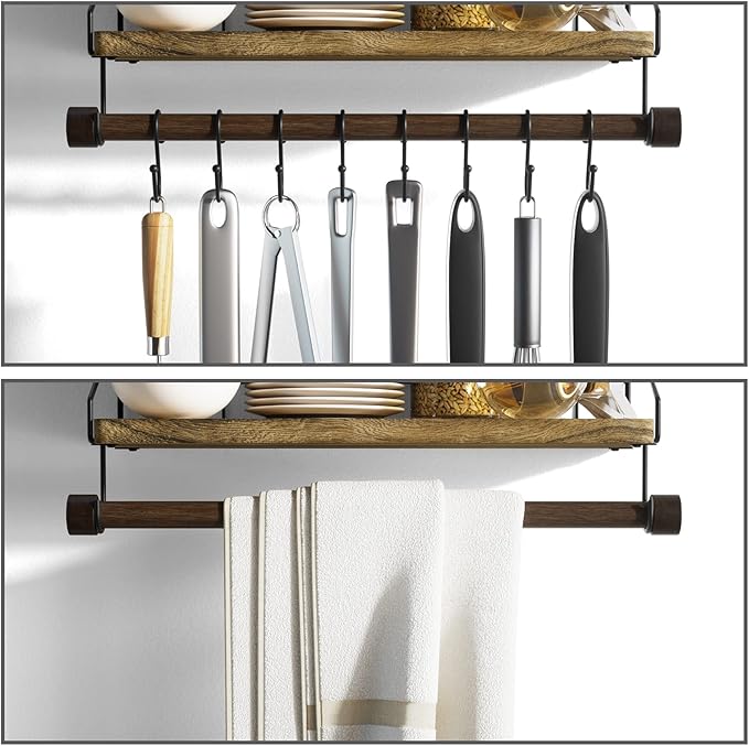 Alsonerbay Floating Shelves Wood Shelves for Wall, Rustic Wood Kitchen Shelf with Towel Bar and 8 Removable Hooks for Hanging Cooking Utensils or Mugs