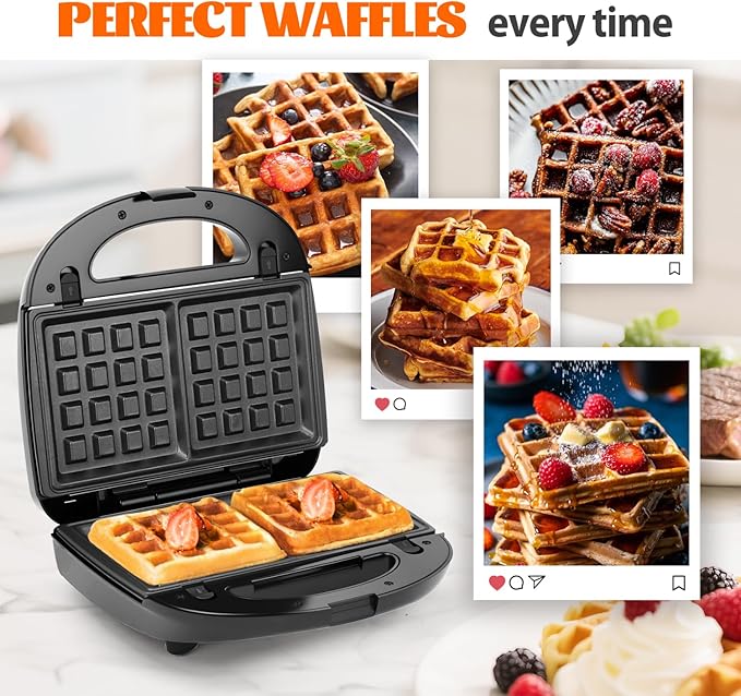 Aigostar Sandwich Maker Panini Press Grill, 3 in 1 Waffle Maker with Removable Non-stick Plates, Electric Grilled Cheese Maker, Portable Cool Touch Handle, Led Indicator Lights & Easy to Clean, 750W
