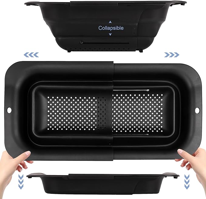 ROTTOGOON 7Qt Collapsible Colander Strainer, Expandable Over the Sink Colander, Adjustable Silicone Kitchen Sink Strainer, Foldable Large Colanders Basket to Wash Vegetable, Fruit, 15" to 19", Black