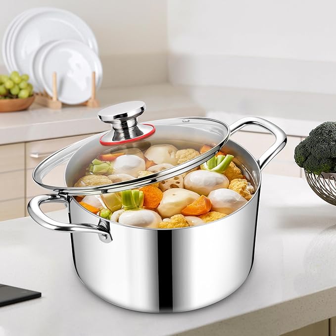 Homikit Tri-ply Stainless Steel Stockpot, 7.5 Quart Large Cooking Pot with Glass Lid, Kitchen Induction Soup Pasta Pot with Double Handle for Gas Electric Stoves, Oven and Dishwasher Safe