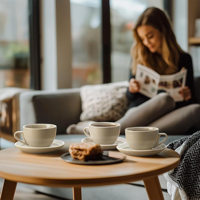 Sweese 6 Ounce Cappuccino Cups with Saucers, Porcelain Double Espresso Cups Set of 4 - Gray