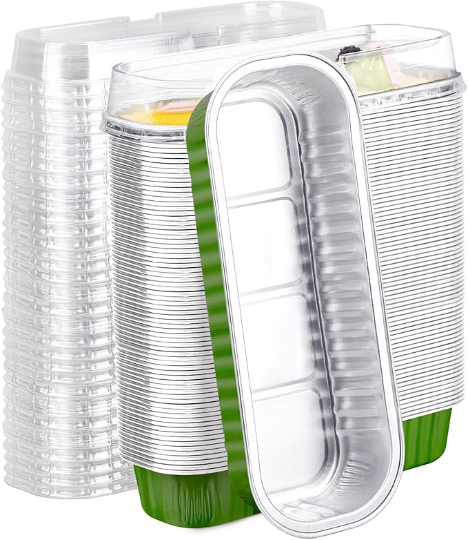 EUSOAR Aluminum Bread Loaf Pans, 100pcs 6.8oz Foil Baking Cups Pan with Lids Rectangle Souffle Containers, Aluminum Disposable Ramekins Mini Creme Brulee Muffin Liners for Birthday Party Wedding