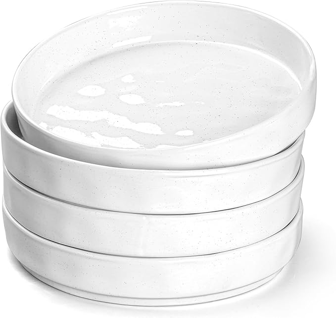E-far Pasta Bowls Set of 4, 30oz Shallow Salad Bowls for Dinner Serving, 8.25" Stoneware Ceramic Bowl Plates for Noodle Soup, Microwave & Dishwasher Safe, Glossy Porcelain, Speckled White