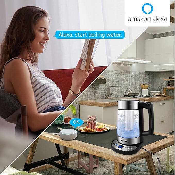 Smart Electric Kettle APP Control, Korex Glass Water Boiler Included Filter Suitable for Alexa Google Home Assistant 1.7 L BPA FREE Great for Coffee Tea Milk With Overheat Protection Controlled