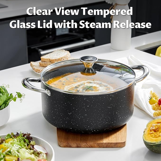 BEZIA 6 Quart Nonstick Stock Pot with Lid, Induction Cooking Pot Soup Pot, Non-toxic and Oven Safe, Perfect for Stews, Soups and All Stovetops, PFOA PFAS Free