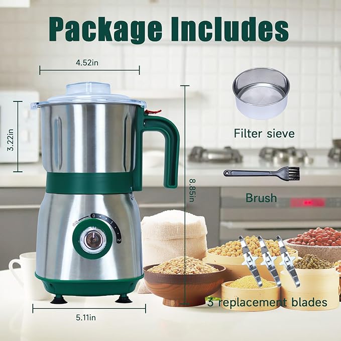 Grain Grinde For Kitchen, Electric Dry Spice Grinders Comes With 3 Removable Stainless Steel Blades, 500w Herb Grinder Suitable For Grinding Spices, Coffee Beans, Grains, Nuts.