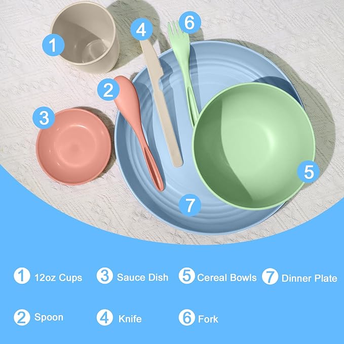 wheat straw bowls,plates,cups and cutlery sets 28 pcs - Unbreakable Dishwasher Safe dinnerware sets service for 4 - Ideal dish sets for kitchen, camping, indoors and out doors.Nordic