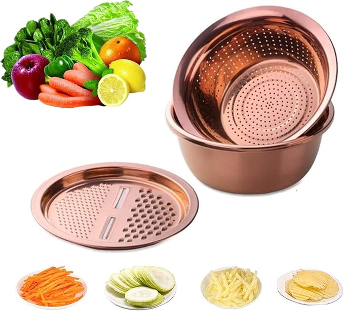 3PC/Set Colander set Stainless Steel Vegetable Slicer Fruit Potato Peeler Carrot Grater Strainer Utensil Round Rice Washer Bowl Drain Basket-Rose Gold