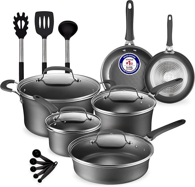 Pots and Pans Set – 14 Piece – Non-Stick Professional Home Kitchenware – Cooking Pots with Lids – Skillet Fry Pans – Suitable for Gas, Electric, Ceramic and Induction Counter Cooktops - Black