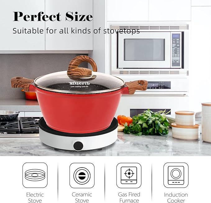 Nonstick Stockpot with Lid - 9 Inch/4.7 Quart Granite Coated Nonstick Stock Pot, All Stove Compatible Soup Pasta Cooking Pot, Red