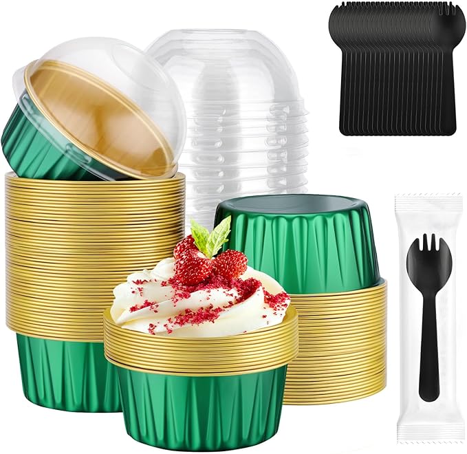 EUSOAR Creme Brulee Ramekins Disposable with Plastic Sporks, 60pcs 5oz Mini Cheesecake Pans Foil Baking Cups with Lids, Muffin Cupcake Liners Cups Custard Flan Molds for Wedding Birthday Party
