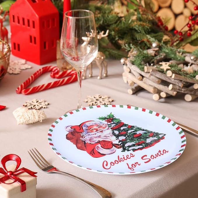 10-Inch Christmas Melamine Dinner Plates, 12-Piece Dishes Set, Lightweight & Stackable for Holidays& Decor Party plates, Ideal for Salad,Dessert,Fruit and Cakes