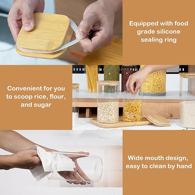 122oz Airtight Glass Square Storage Canister with Bamboo Lid Set of 1 (3600ml) Gallon Glass Jars Large Kitchen Canister for Sugar, Flour, Cookies and Coffee beans (with Black Lable)