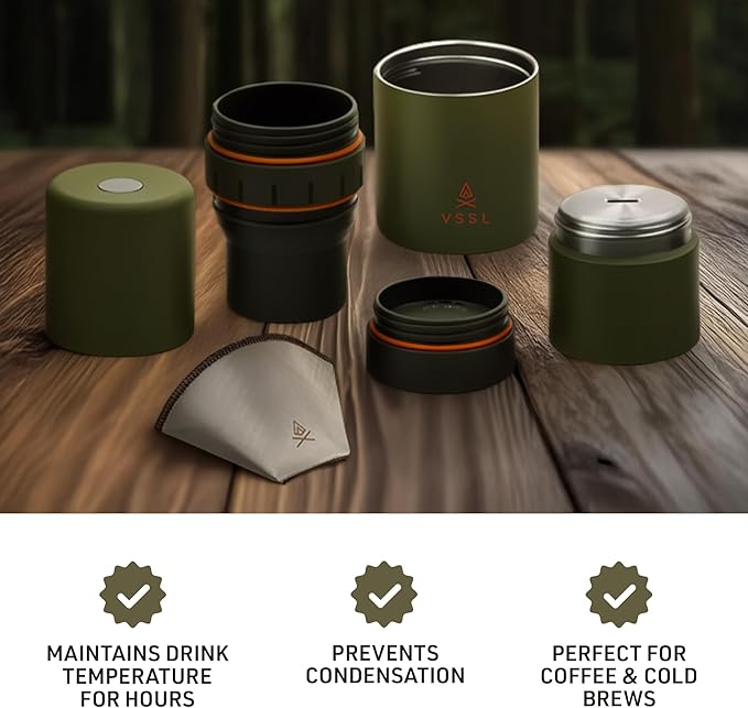 Nest Pour Over Coffee Kit | Coffee Maker for Camping | All-In-One Travel Pour Over | Transportable Dripper, Two 10oz Stainless Steel Travel Mugs | Compact Storage & Adventure Ready | Deep Moss