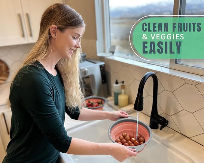 Ultimate Kitchen Strainers Set of 2 - Collapsible Silicone Colander For Easy Storage by Comfify - Use with Pasta & Veggies or as a Fruit or Berry Bowl with Strainer - Irreplaceable for Campers - Coral