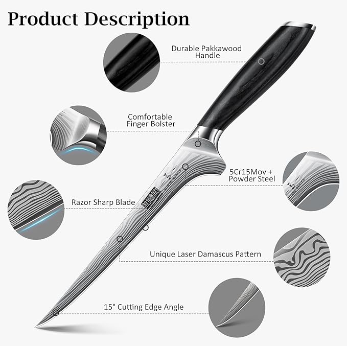 Fillet Knife 7 Inch, Razor Sharp Boning Knife for Meat Poultry Chicken Cutting, Japanese High Carbon Powder Steel Fish Knives with Flexible Blade and Pakkawood Handle