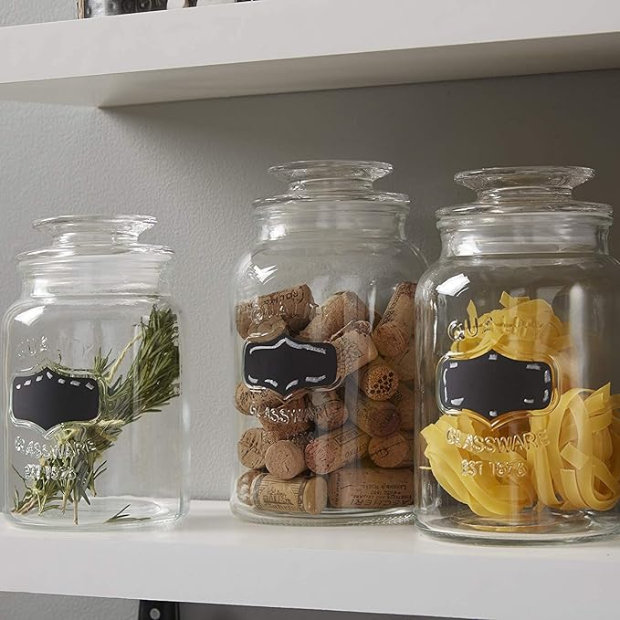 Glass Canister Set for Kitchen or Bathroom with Airtight Lid and Chalkboard Labels, Apothecary Glass Food Storage Jars,Set of 3 Cookie Jars, Candy, Coffee, Cereal & More, Clear Storage Containers!