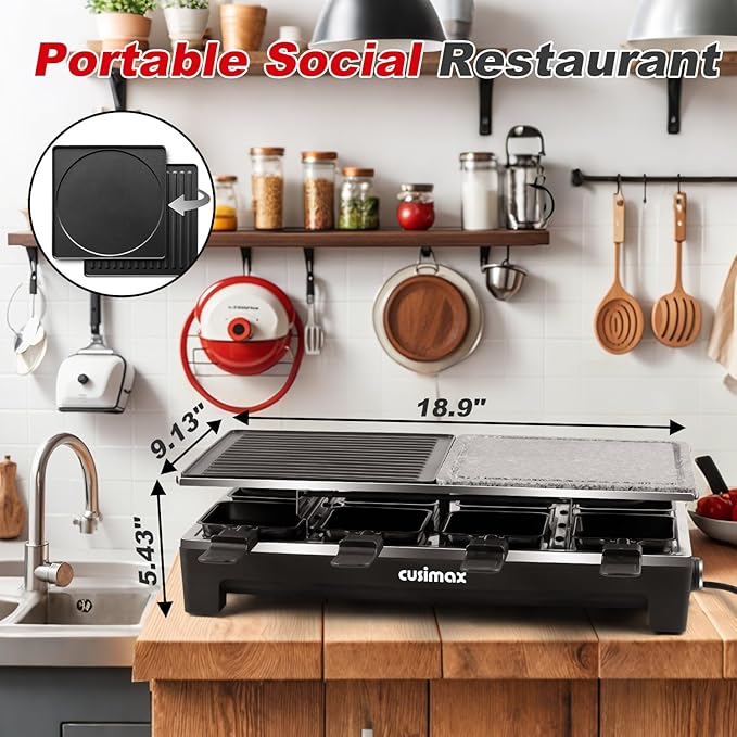 CUSIMAX Raclette Grill, Electric Grill, Portable Indoor Grill with 2 in 1 Reversible Non-stick Plate & Natural Grill Stone, 1500W Korean BBQ Grill, 8 Pans & Wooden Spatulas