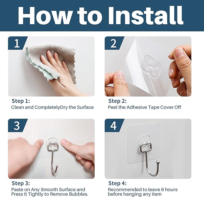 Antimbee 100 Pack Clear Adhesive Hooks, 37lb(Max) Heavy Duty Self Adhesive Hooks, Sticky Wall Hooks with No Damage and Quick Assembly, Waterproof Bathroom Kitchen Wall Accessories Hanger and Holder