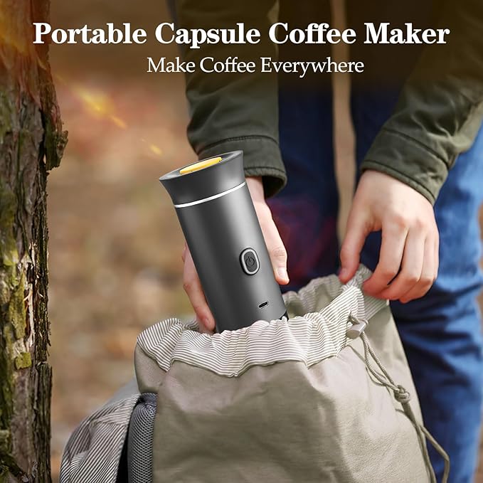 3-in-1 Portable Espresso Maker, Travel Coffee Maker, Self-Heating Car Coffee Maker with USB-C, Small Espresso Machine with Ground Coffee & Capsules (NS&DG) for RV, Hiking, Office (grey)