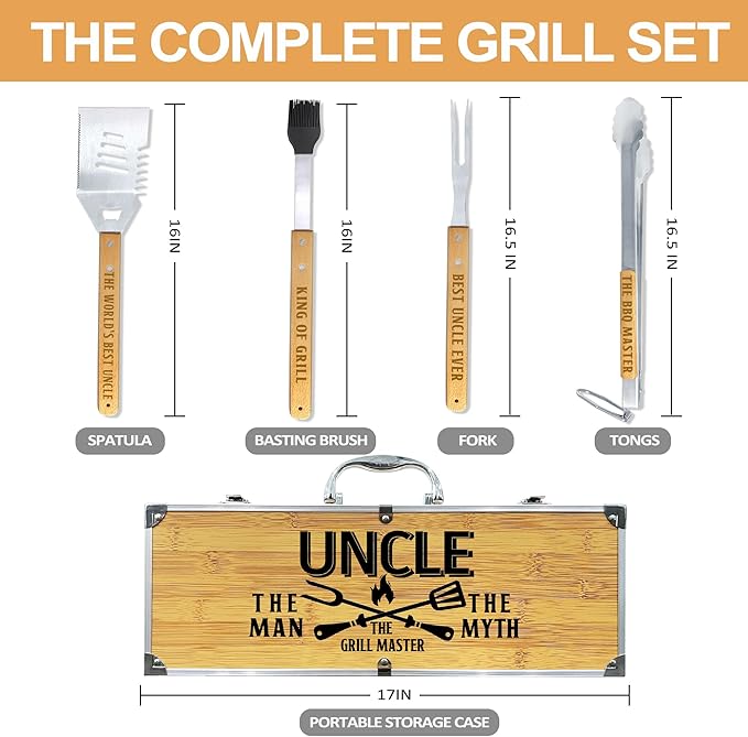 Uncle Gifts, Fathers Day Uncle Gift from Niece Heavy Duty Wooden BBQ Grilling Accessories Kit for Backyard, Thick Stainless Steel Grill Utensils with Non-Slip Handle Tools in Portable Bag Father's Day