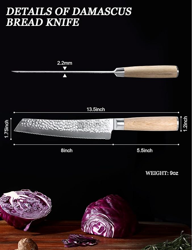 Serrated Bread Knife for Homemade Bread- 8 inches VG-10 Core, SGS Certified Ultra and Long-lasting Sharp Damascus Steel, Efficient Slicing Sourdough Crusty Bread Cutter