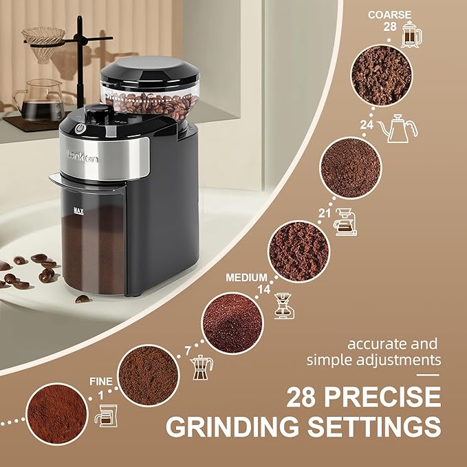 Burr Coffee Grinder - Electric Coffee Bean Grinder with 28 Adjustable Grind Settings For 2-12 Cups - Adjustable Coffee Grinders for Home Use - Easy to Use - Stainless Steel