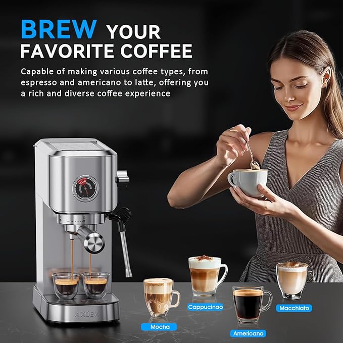 20Bar Espresso Machine, Compact Espresso Maker with Milk Frother, Stainless Steel Coffee Machine for Cappuccino&Latte, 42oz Water Tank, Visible Pressure Gauge, Home&Office, Silver