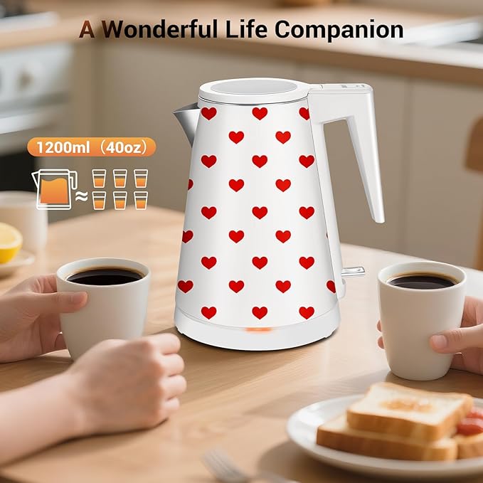 1.2L Double Wall Stainless Steel Interior Water Boiler, Cordless, 1000W Fast Boil with LED Light Coffee Pot & Tea Electric Kettle, Auto Shut-Off and Boil-Dry Protection (Heart)