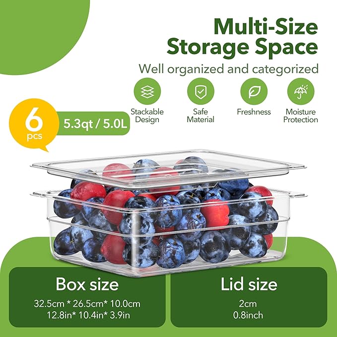 6 Pack Plastic Food Pan with Lid 1/2 Size 4 Inch Deep Restaurant Clear Food Storage Containers Polycarbonate Commercial Hotel Pans for Fruits Vegetables Beans Corns (6 PCS, 4'' Deep)