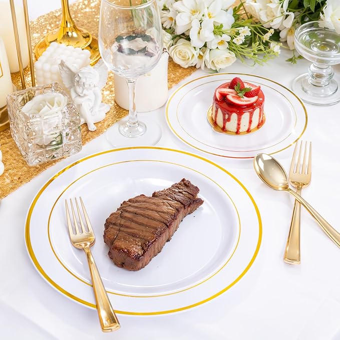 WDF 120 pieces Gold Disposable Plastic Plates - White and Gold Plates Include 10.25" Dinner Plate & 7.5" Salad Plate for Thanksgiving Weddings/Party