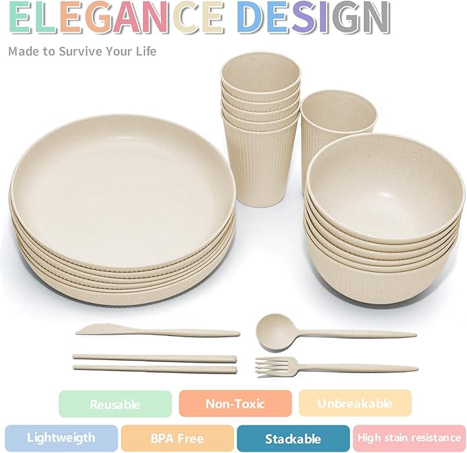 Wheat Straw Dinnerware Sets -DAPIPIK 42 Piece Unbreakable Dinnerware Sets for 6, Kitchen Plates and Bowls Set, Lightweight Camping Plates Cups and Bowls Set.Dishwasher Microwave Safe Dinnerware