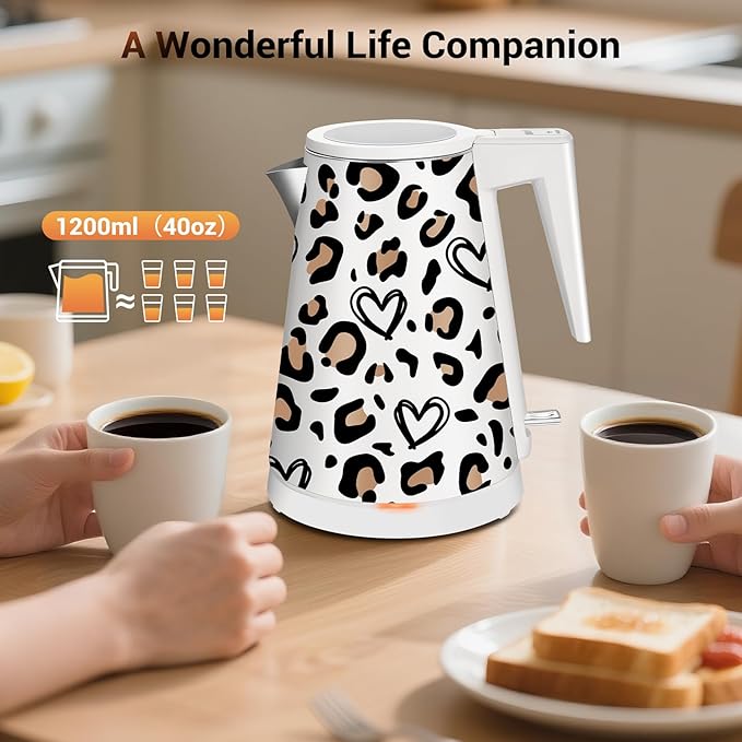 1.2L Double Wall Stainless Steel Interior Water Boiler, Cordless, 1000W Fast Boil with LED Light Coffee Pot & Tea Electric Kettle, Auto Shut-Off and Boil-Dry Protection (Personalized leopard)