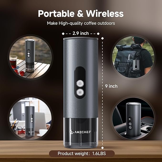 AMZCHEF Portable Coffee Maker Rechargeable w/ 9000mAh Battery, 2-in-1 Travel Espresso Maker for Ground/NS Capsules, Car Espresso Machine Self-Heating for Camping, RV, Hiking, Office, Aluminum
