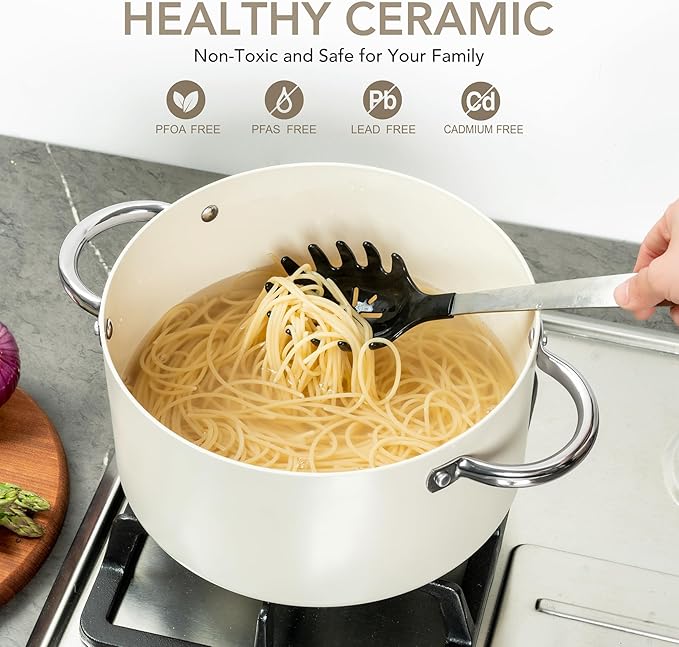 MICHELANGELO Stock Pot with Lid, 6 Quart Soup Pot with Lid for Cooking, Non Stick Ceramic Coating, Stainless Steel Handle, Induction Compatible, Cream