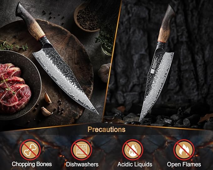 XINZUO 8.6 inch Professional Damascus Chefs Knife,67 Layers Damascus Steel Kitchen Knife,10Cr15CoMoV Steel Core,Very Sharp for Vegetables Meat Cutting for Home Kitchen,Burnt White Oak Wood Handle