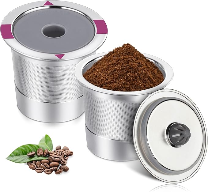 Reusable K Cups, Universal stainless steel Reusable Coffee Pods, Refillable Single K Cups for K 2.0 and 1.0 Coffee Makers (2-PACK)
