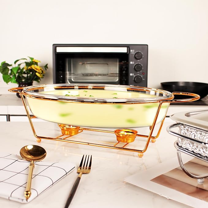 Casserole Dish 13" x 9"Glass Baking Dish with Stainless steel Lid and Golden rack, 2.5 Qt Oval Baking Pan For Casserole & Lasagna, Microwave Dishwasher Freezer Oven Safe