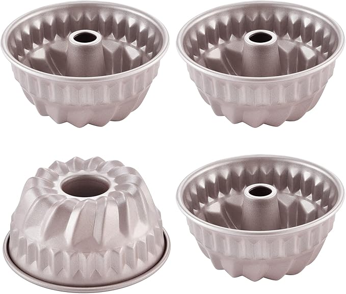 CHEFMADE Mini Tube Pan Set, 4-Inch 4Pcs Non-Stick Kugelhopf Mold for Oven and Instant Pot Baking (Champagne Gold)