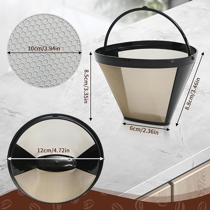 2pcs Reusable Cone Coffee Filters for Cuisinart Coffee Makers+ 4 Silicone Coasters,Compatible Ninja coffee filter, 10-12 Cup, #4 Style Gold coffee filter basket