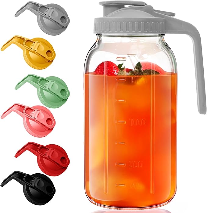 Glass Mason Jar Pitcher - 64 oz/2 Quart Wide Mouth Jug with Lid and Pour Spout, Airtight Seal, Leak Proof Iced Tea Pitcher for Sun Tea, Juice, Breast Milk, Cold Beverages, Coffe